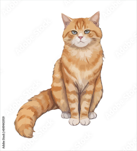 Realistic cute sitting cat with fluffy fur and fluffy tail vector illustration isolated on white background, stylized