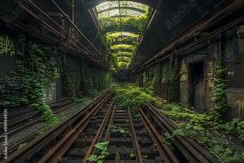 An abandoned subway station overtaken by nature, vines wrapping around the rusted tracks photo