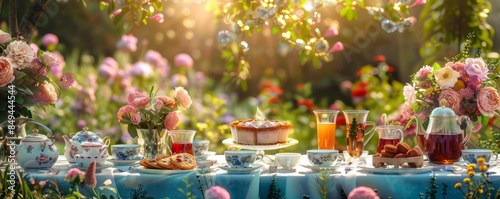 Summer garden tea party with floral decor, elegant settings and tea delights, 4K hyperrealistic photo.