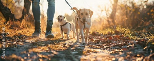 Woman and her two labrador retriever dogs enjoying a peaceful evening stroll in a fall woodland