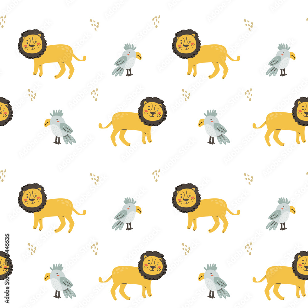 Lion and parrot animal pattern. Childish cute design with african animals parrot and lion and hand drawn elements. Kids nursery scandinavian characters. Lion and parrot animal pattern. Childish cute design with african animals parrot and lion and hand drawn elements. Kids nursery scandinavian characters.