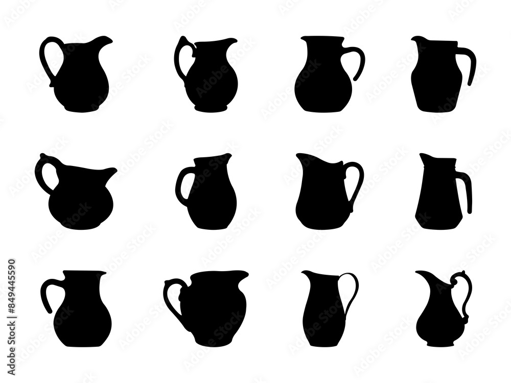 Set of Water Jug Silhouette in various poses isolated on white background