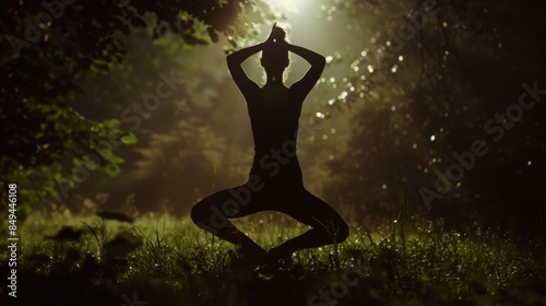 In the nighttime, a silhouette of an outdoors yoga practitioner is practicing photo