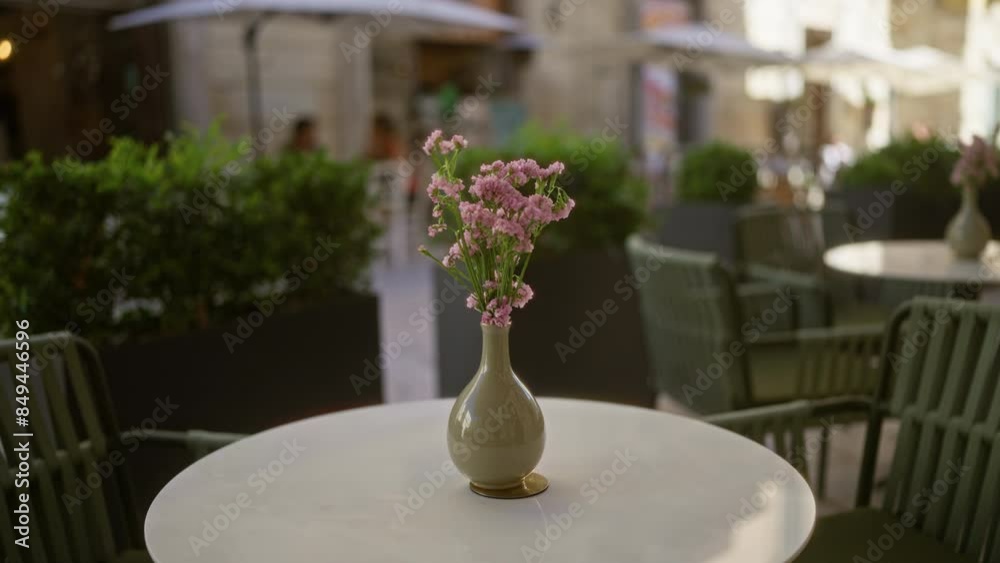Vibrant pink flowers in a vase placed on a restaurant table in lecce, puglia, with blurred outdoor seating area in the background. Vibrant pink flowers in a vase placed on a restaurant table in lecce, puglia, with blurred outdoor seating area in the background.