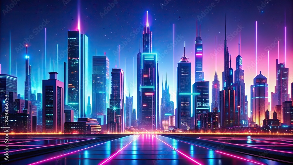 Futuristic cityscape with neon lights and digital elements, retrowave, digital art, city, skyline, urban, retro