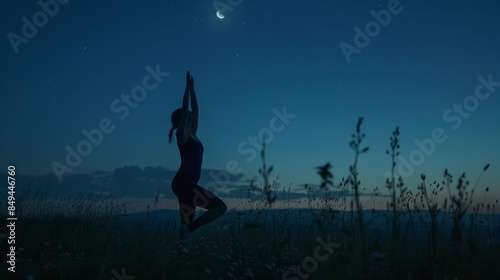 In the nighttime, a silhouette of an outdoors yoga practitioner is practicing © Adi