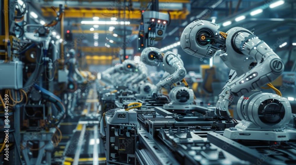A high-tech manufacturing environment with AI systems coordinating a fleet of robots, each meticulously crafting parts of a complex robotic device