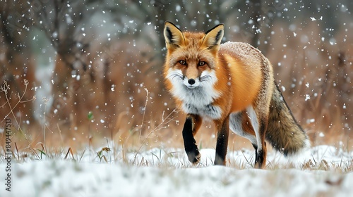 A majestic red fox stands in the snow, its fur glistening in the sunlight. The fox's eyes are a deep, piercing blue, and its tail is long and bushy. photo
