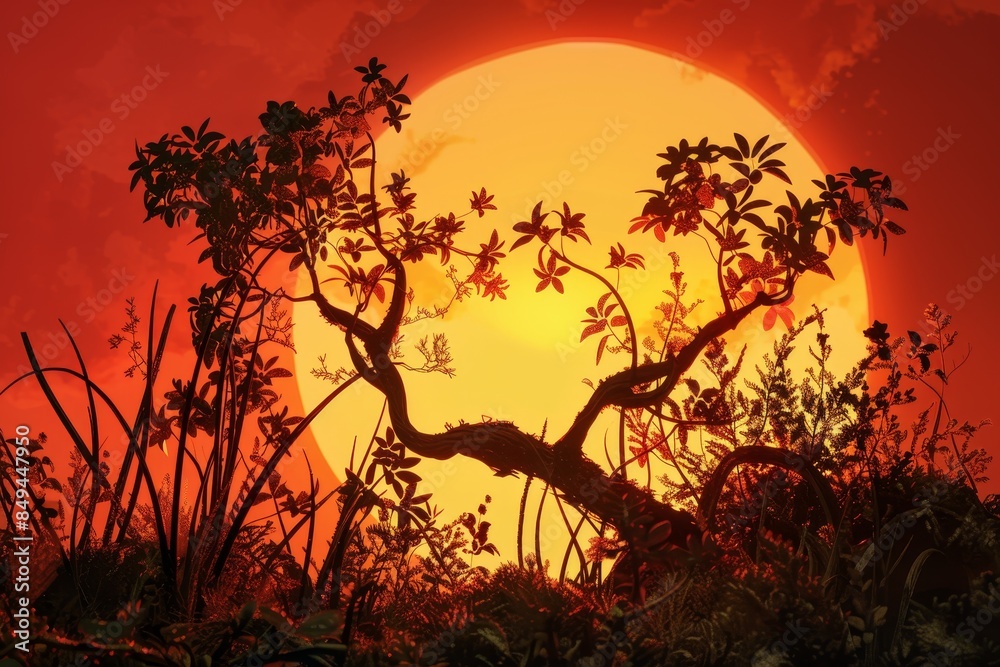 A sun is setting behind a field of tall grass