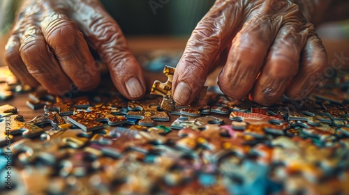 A close-up of two hands assembling a jigsaw puzzle, with the final piece about to be placed, symbolizing the completion of a challenging task.
