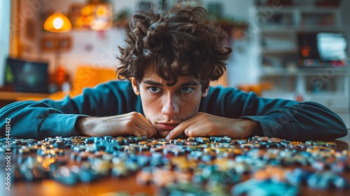 A person sitting at a table covered with puzzle pieces, deep in thought, with a look of determination and focus, highlighting the challenge of solving a difficult puzzle.