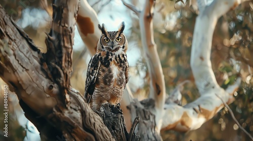 A great horned owl perched on a tree branch, staring at the camera with its big, yellow eyes. The owl is surrounded by branches and leaves. © Design