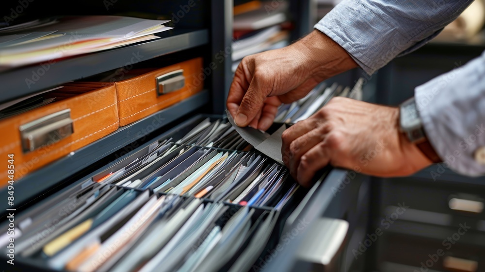 A person organizing files and documents in a filing cabinet, ensuring everything is in order to efficiently address upcoming tasks. A person organizing files and documents in a filing cabinet, ensuring everything is in order to efficiently address upcoming tasks.