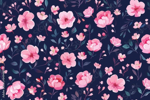 Wallpaper Mural Floral Pattern with Pink Flowers on a Dark Blue Background Torontodigital.ca