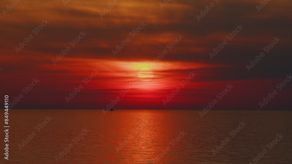 Colorful Sunset At Sea. Orange Evening Sky. Composition Of Nature.