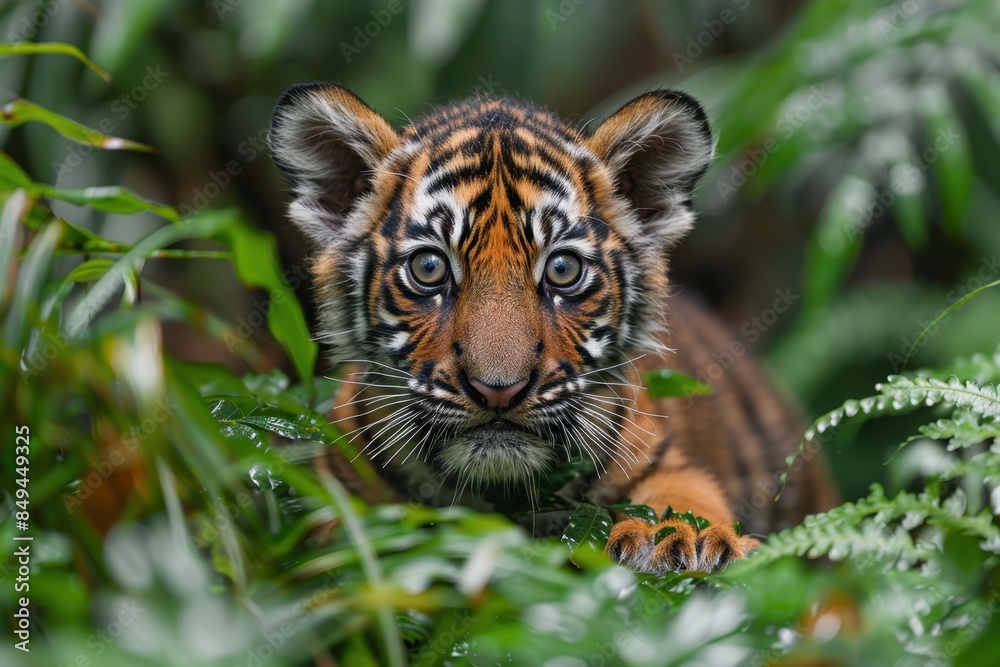 Fototapeta premium Baby Tiger: A curious tiger cub with orange fur and black stripes, prowling through the dense jungle foliage.