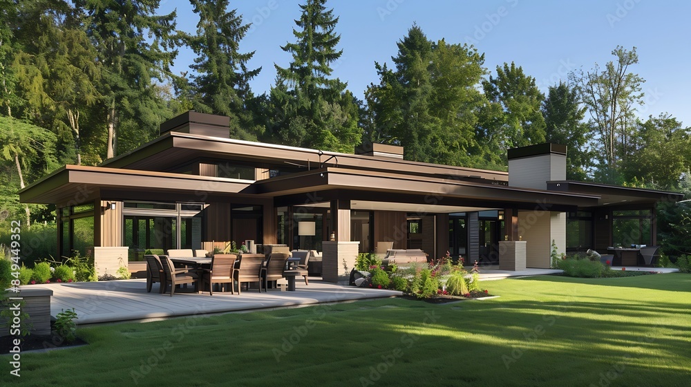 Exterior image of a contemporary home with flat roof and brown trim and lush green grass blue sky forest in the background furnished patio for outdoor dining and lounging : Generative AI
