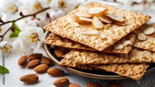 Matzo, decorated with almond flowers. On a white background. Pesach celebration concept photo