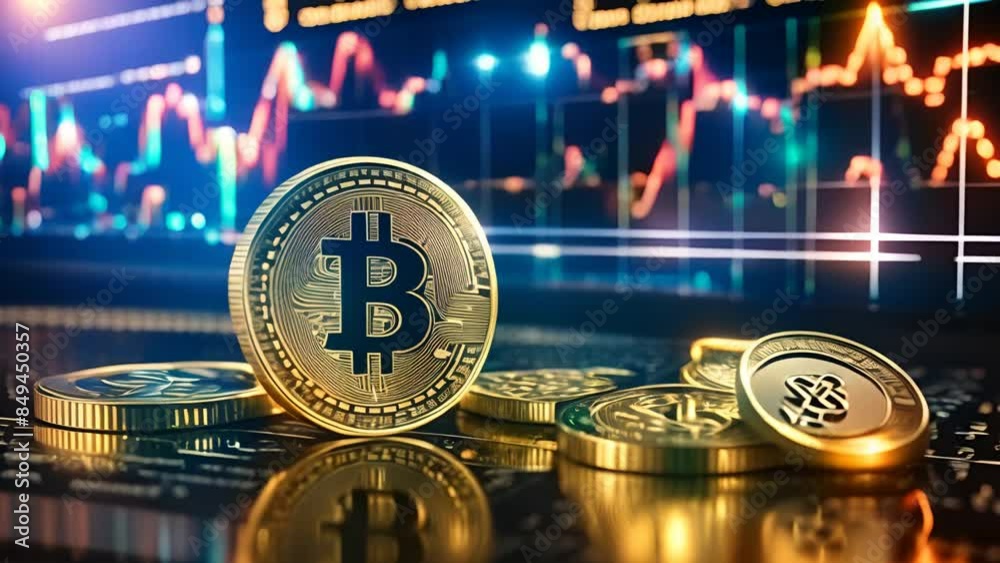 Close-up of Bitcoin and other cryptocurrency coins with a digital trading chart in the background. The image represents the dynamic world of cryptocurrency trading and digital finance.