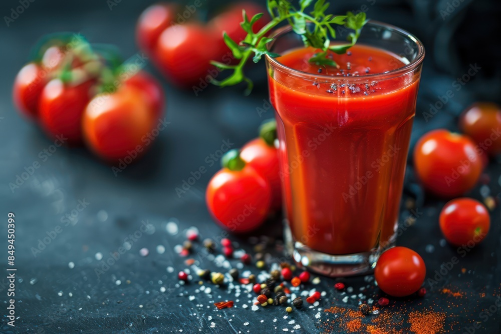 Fresh Tomato Juice With Herbs and Whole Tomatoes on Wooden Surface Fresh Tomato Juice With Herbs and Whole Tomatoes on Wooden Surface