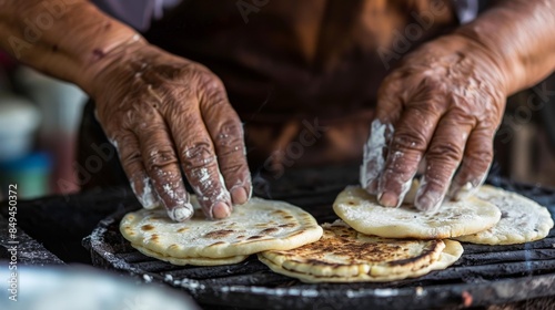 The photo shows a person making tortillas by hand