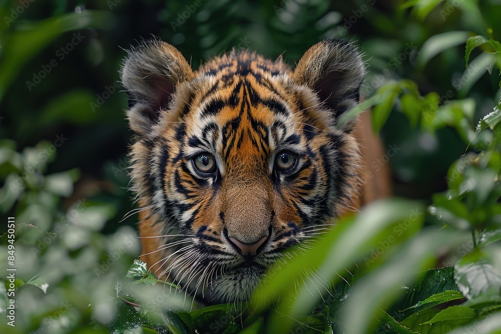Fototapeta premium Baby Tiger: A curious tiger cub with orange fur and black stripes, prowling through the dense jungle foliage.