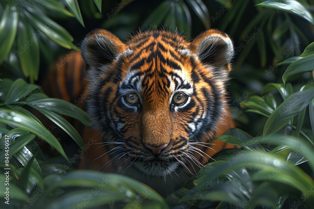Fototapeta premium Baby Tiger: A curious tiger cub with orange fur and black stripes, prowling through the dense jungle foliage.