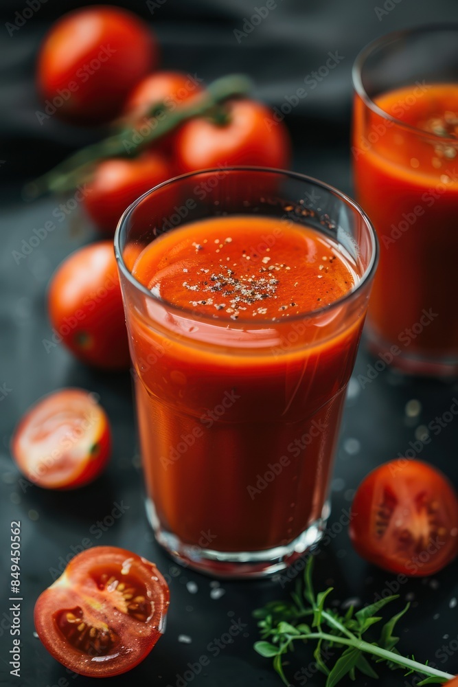 Fresh Tomato Juice With Herbs and Whole Tomatoes on Wooden Surface Fresh Tomato Juice With Herbs and Whole Tomatoes on Wooden Surface