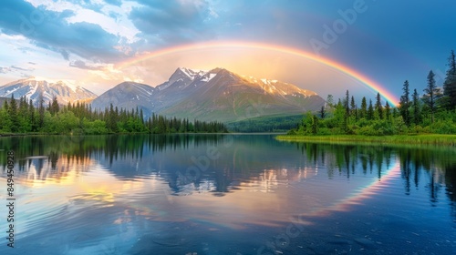 The majestic arc of a rainbow mirrored in the still waters of a mountain lake after a passing storm.