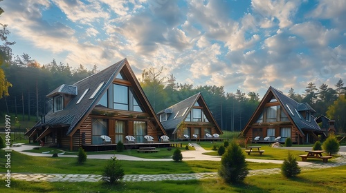 A country complex of several triangular guest houses with panoramic glazing  Country recreation in nature in an ecohotel  Country house : Generative AI photo