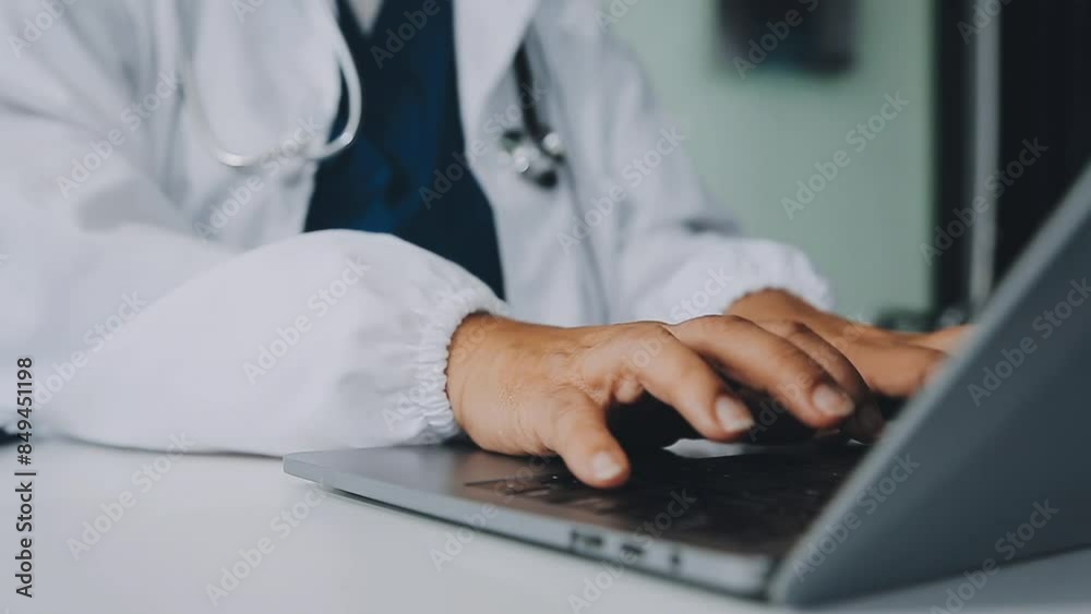 Doctor and nurse examining patient's medical records and medical team working on the background