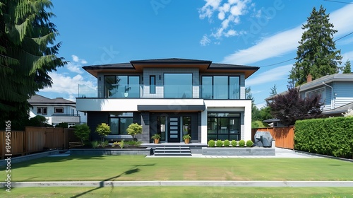 Real Estate Exterior Front House on a sunny day Big modern custom made luxury house with nicely landscaped front yard in summer Beautiful house entrance with a green lawn Perfect neigh : Generative AI