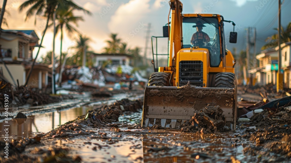 A group of workers wearing safety gear, using heavy machinery to clear debris and prepare a site for reconstruction after a natural disaster. A group of workers wearing safety gear, using heavy machinery to clear debris and prepare a site for reconstruction after a natural disaster.