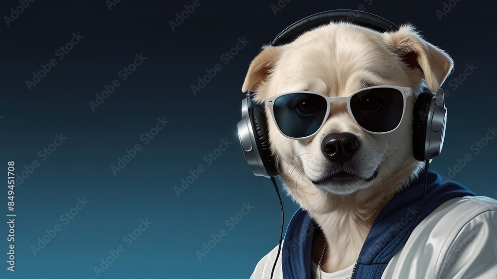 a Dog head in sunglasses and headphones wearing a white jacket, and listening to music against a pink and blue background a Dog head in sunglasses and headphones wearing a white jacket, and listening to music against a pink and blue background