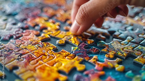 A close-up of a person's hand putting the last piece of a jigsaw puzzle into place, revealing the complete solution to the puzzle.