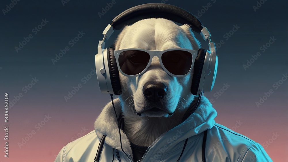 a Dog head in sunglasses and headphones wearing a white jacket, and listening to music against a pink and blue background a Dog head in sunglasses and headphones wearing a white jacket, and listening to music against a pink and blue background