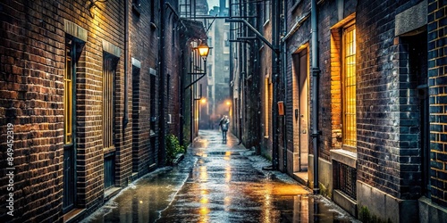 of a rainy narrow alleyway , Rain, Alleyway, Wet, Urban, City, Sidewalk, Buildings, Gloomy, Dark, Reflection, Puddles