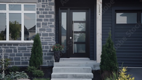 A front door detail on a dark grey suburban home with a black and glass front door white windows and a concrete sidewalk : Generative AI
