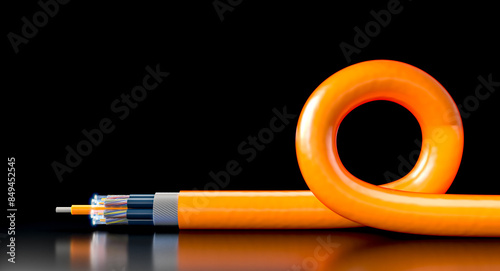 Orange fiber optic cable curled on black background photo