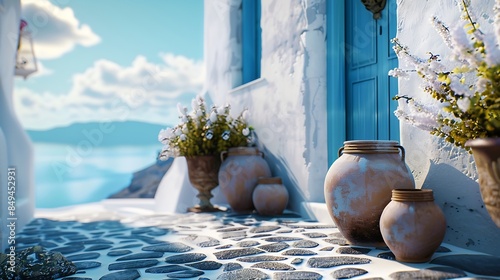 Santorini Greece House with jars and a view of the caldera : Generative AI