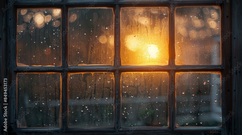 Naklejka premium The ethereal glow of light filtering through condensation-covered windows during sunrise.