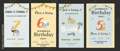 Childrens birthday invitation posters set. Can used for birthday party, childish design. Cute animals and gifts. Tropical animals party invite backgrounds set.