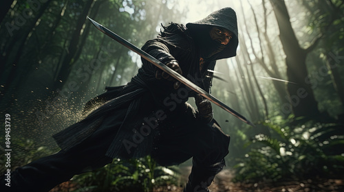 Action shot of a martial arts warrior in the bamboo forest. Cinematic dynamic scene in action movie blockbuster style. photo