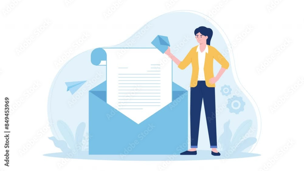 A woman sends or receives documents via email using a laptop flat design animation A woman sends or receives documents via email using a laptop flat design animation