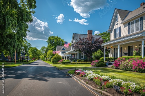 A street in an American town with a row of beautiful, well-maintained houses and lush greenery on both sides There is also the flag flying proudly from each house Generative AI © SKIMP Art