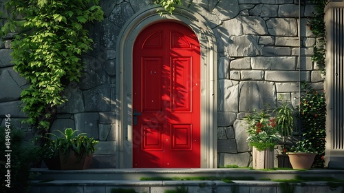A vibrant red front door is framed by the timeless charm of traditional architecture and surrounded by the regions quintessential charm : Generative AI photo