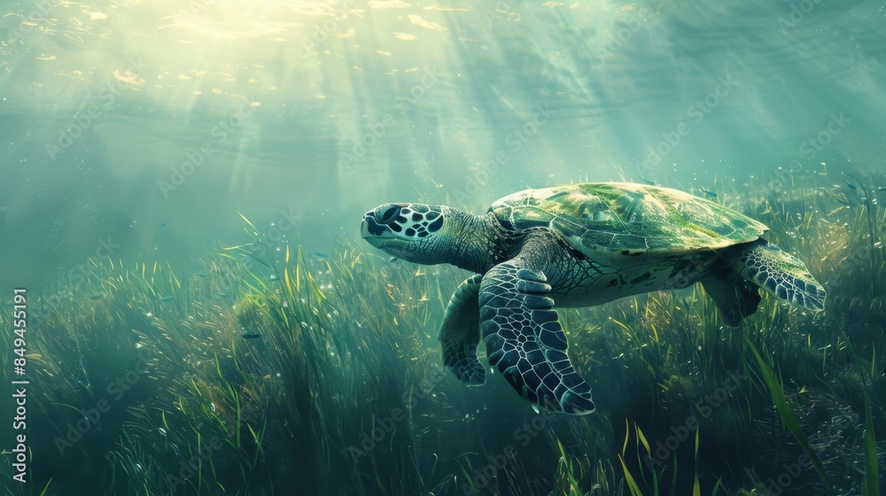 Fototapeta premium Dreamlike underwater scene with a lone sea turtle swimming amidst softly undulating seagrass, illuminated by shimmering light from above