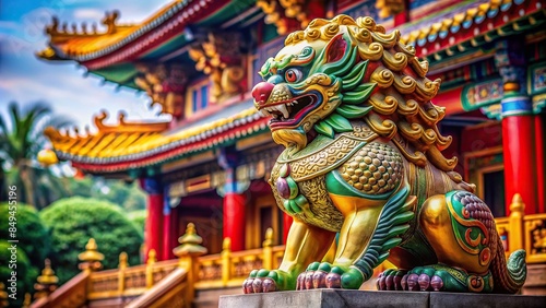Chinese lion statue with intricate details and vibrant colors, symbolizing strength and protection, lion, statue © rattinan