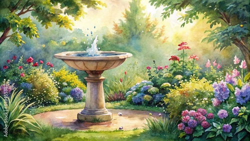 Vintage watercolor painting of a bird bath in a lush garden, bird bath, watercolor, painting, vintage, garden, lush, nature photo
