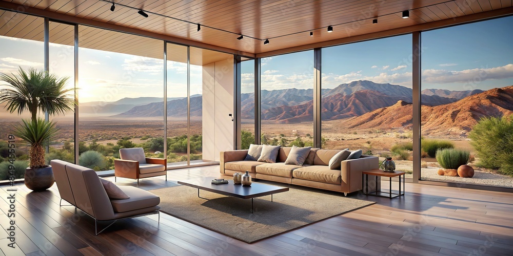 Modern living room with floor to ceiling windows showcasing the desert ...